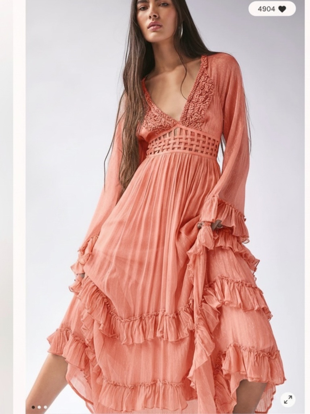 Free People Seraphina Peach Pink Tiered Maxi Dress XS
